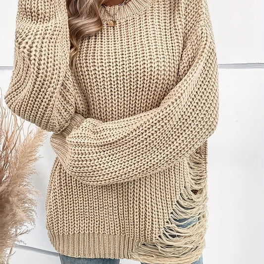Solid Ripped Long Sleeve Round Neck Jumper