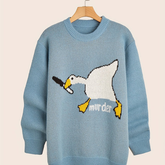Cartoon Duck Pattern Crew Neck Sweater for Men