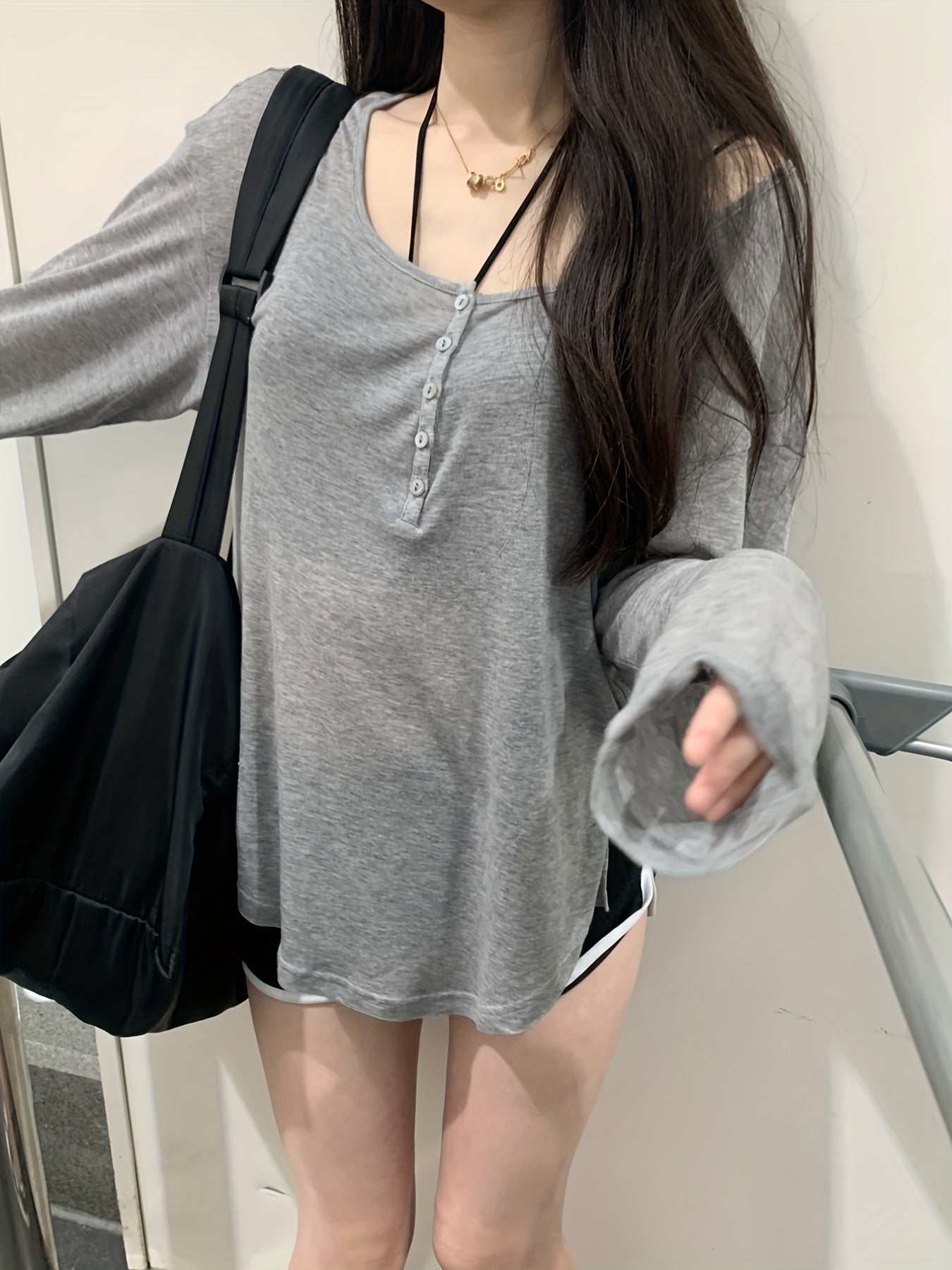 Grey Scoop Neck Cover Up T Shirt Top Long Sleeve Solid Sun Protection Beach Cove