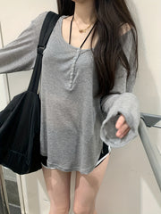 Grey Scoop Neck Cover Up T Shirt Top Long Sleeve Solid Sun Protection Beach Cove