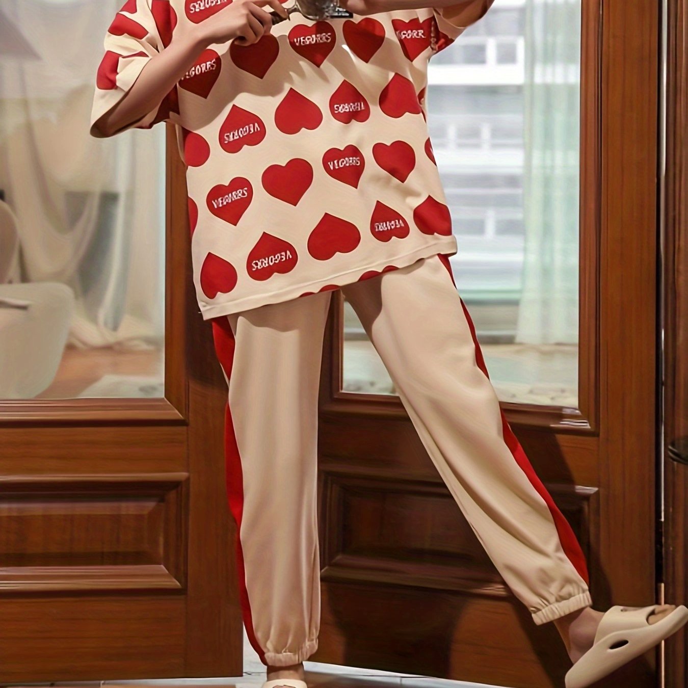 Heart Print Pajama Set Short Sleeve Crew Neck Top & Colorblock Pants