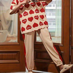 Heart Print Pajama Set Short Sleeve Crew Neck Top & Colorblock Pants