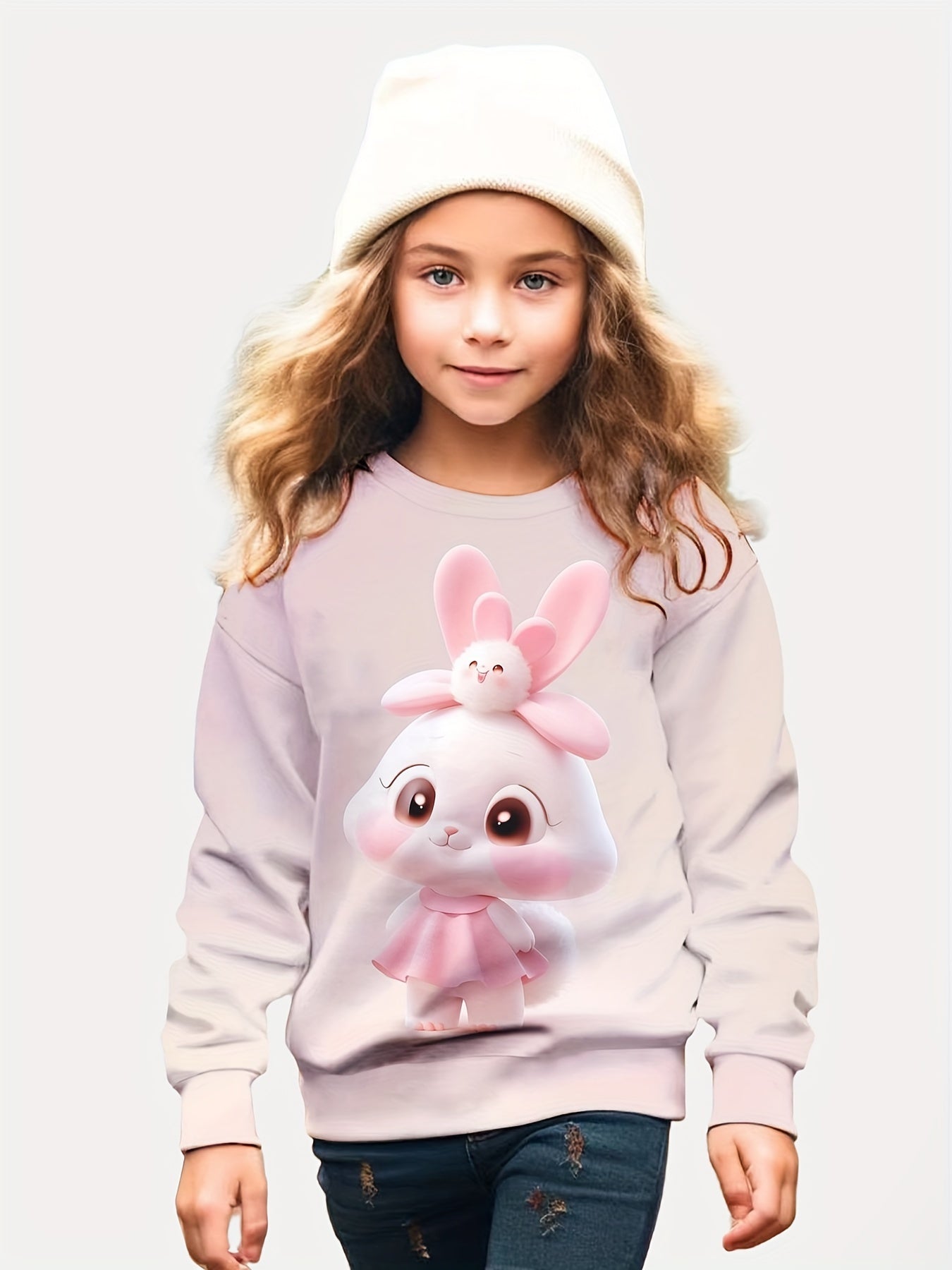Girls Bunny Print Pullover Comfy Tops Spring Gift Sports