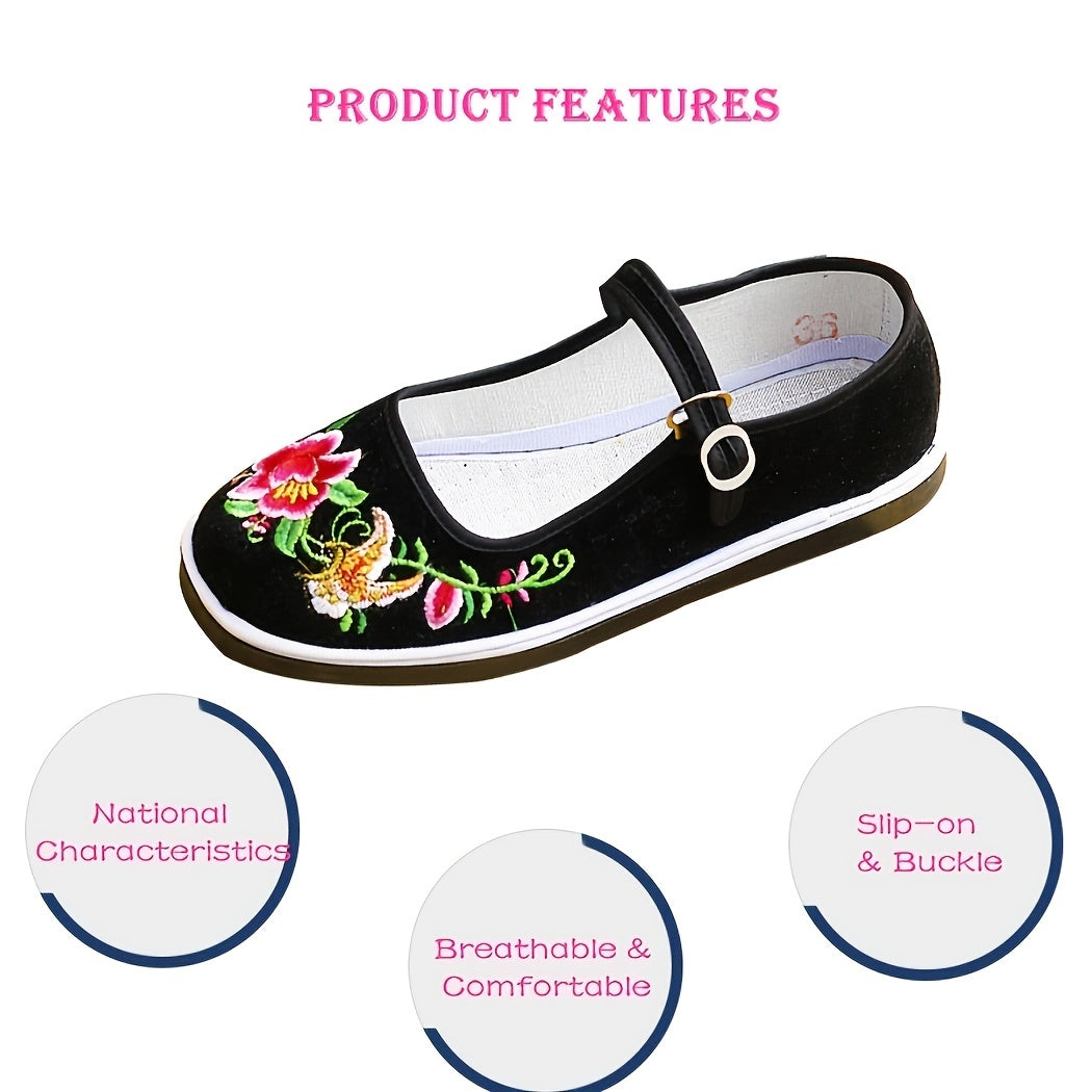 Flower Embroidered Buckle Strap Lightweight Shoes for Women