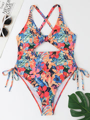 Tropical Print Side Drawstring Cut Out One Piece Beachwear Swimsuit