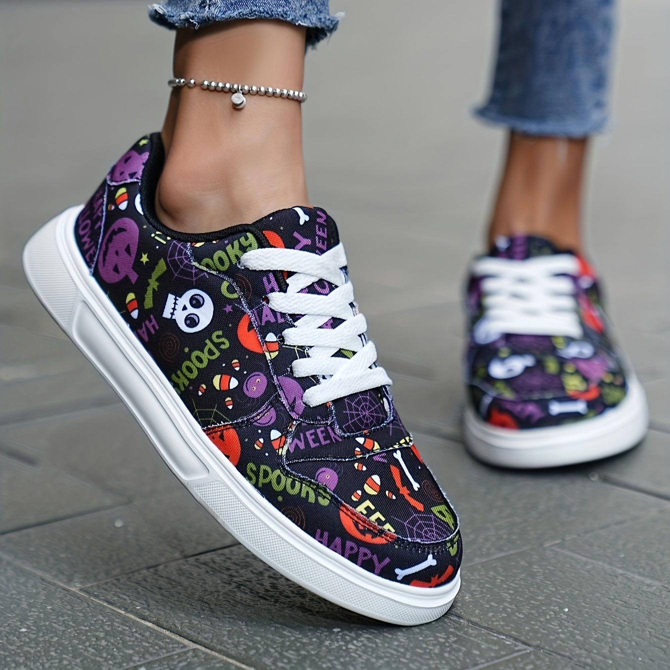 Halloween Graffiti Print Canvas Sneakers