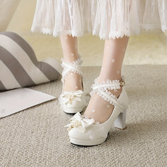 Women's Pearl Bowknot High Heel Mary Jane Lolita Dress Pumps