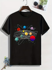 Men's Cartoon Planet Print T-shirt Active Breathable Tee