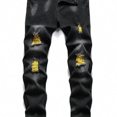 Men's Ripped Skinny Distressed Slim Jeans with Yellow Stitching