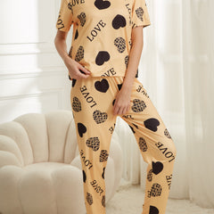 Heart Print Pajama Set Short Sleeve Top & Pants Women's Sleepwear