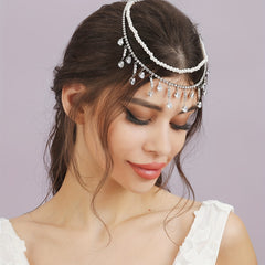 Bridal Zircon Faux Pearl Headband Rhinestone Pendant Tassel Hair Accessory
