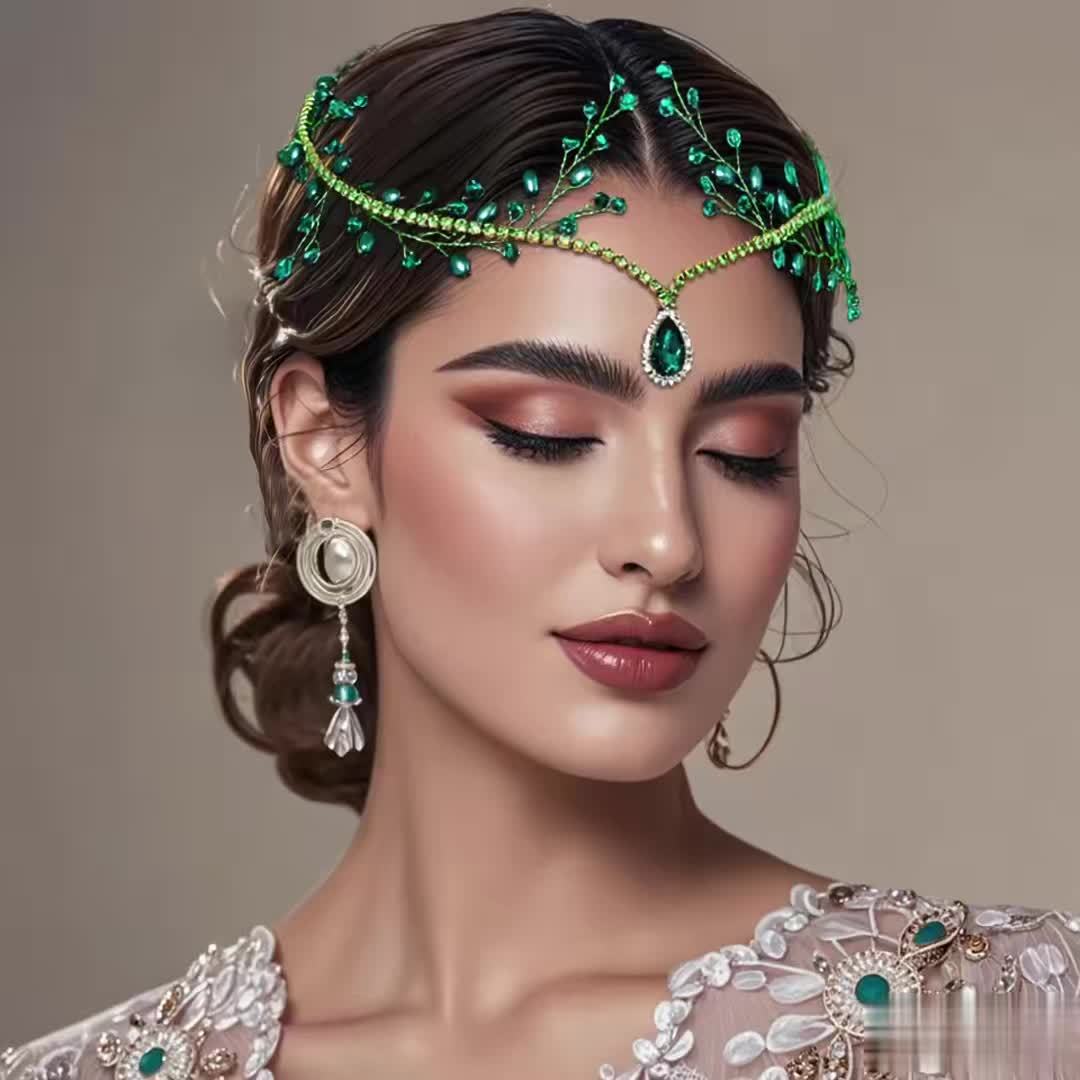 Bohemian Bridal Headpiece Green Gemstones Wedding Party Hair Accessory