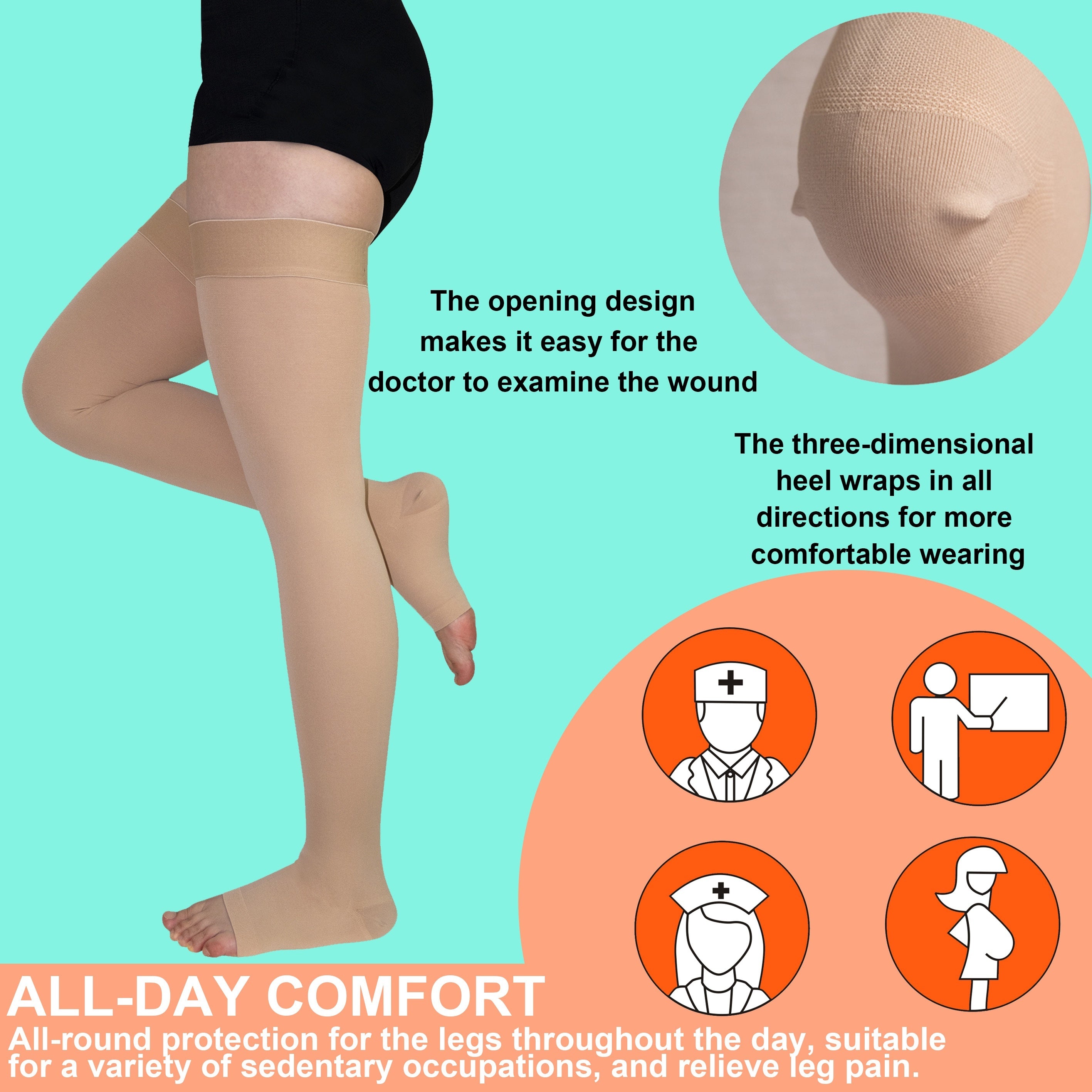 Women's Open Toe Thigh High Compression Stockings 20-30 mmHg
