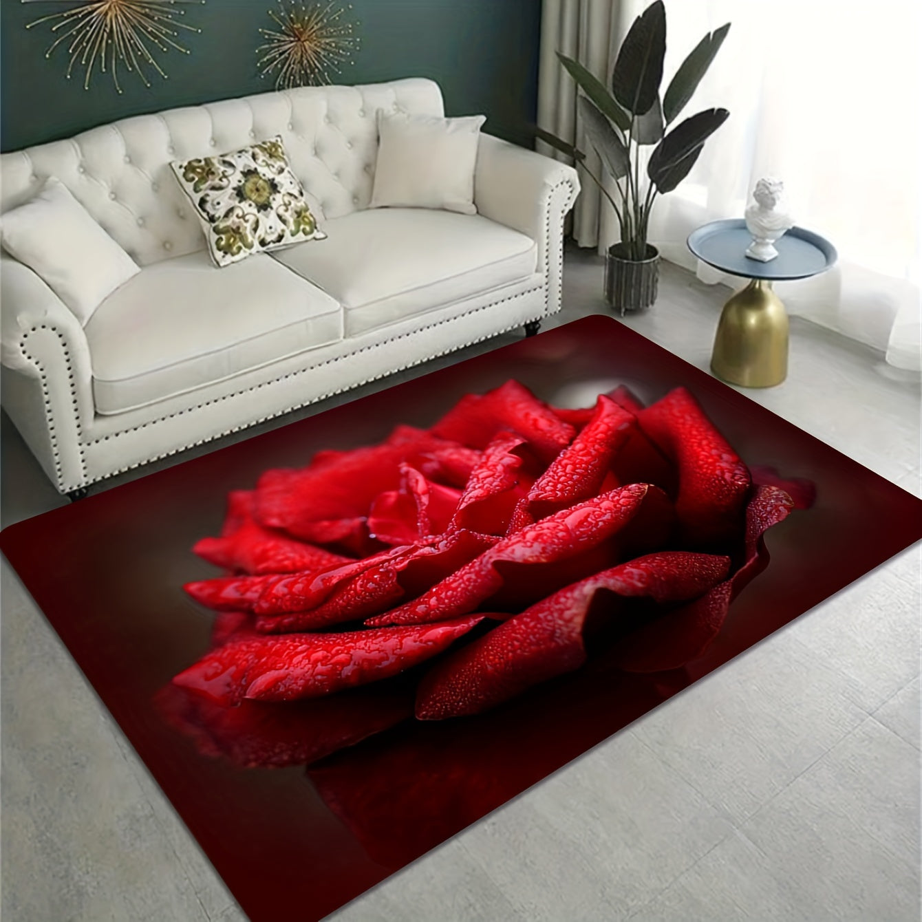 Red Rose Print Rug Abstract Stylish Bottom Carpet Washable Rectangular Carpet