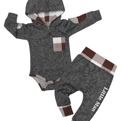 Baby Boys Hooded Romper & Plaid Pants Set for Autumn & Winter
