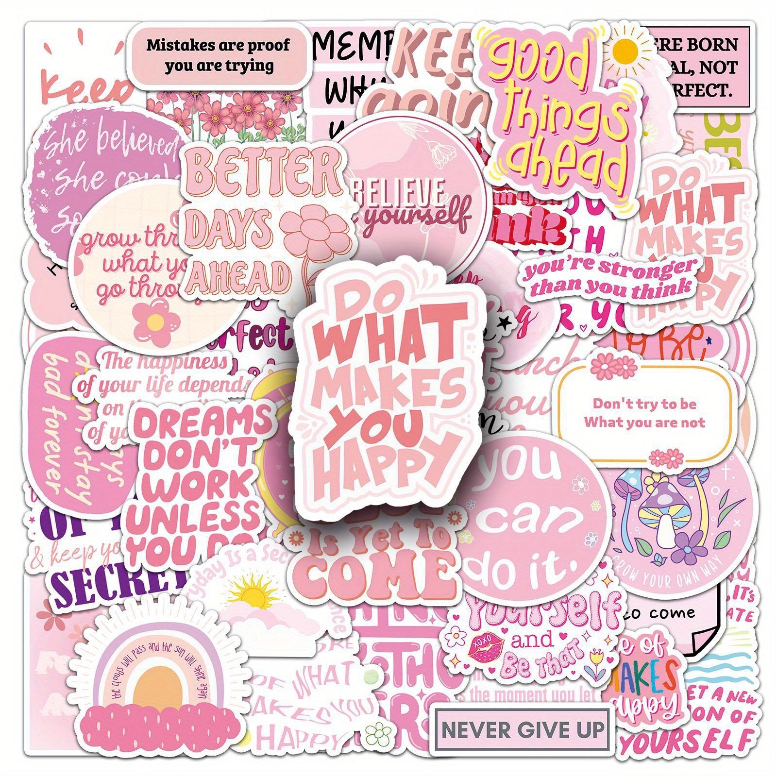 50 Pink Vinyl Stickers Cartoon Motivational Quotes Reusable Self Adhesive