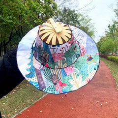 Vintage Flower Print Foldable Sun Hat with Bamboo Fan