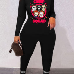 Women's Plus Horror Figure & Slogan Print 2 Piece Set