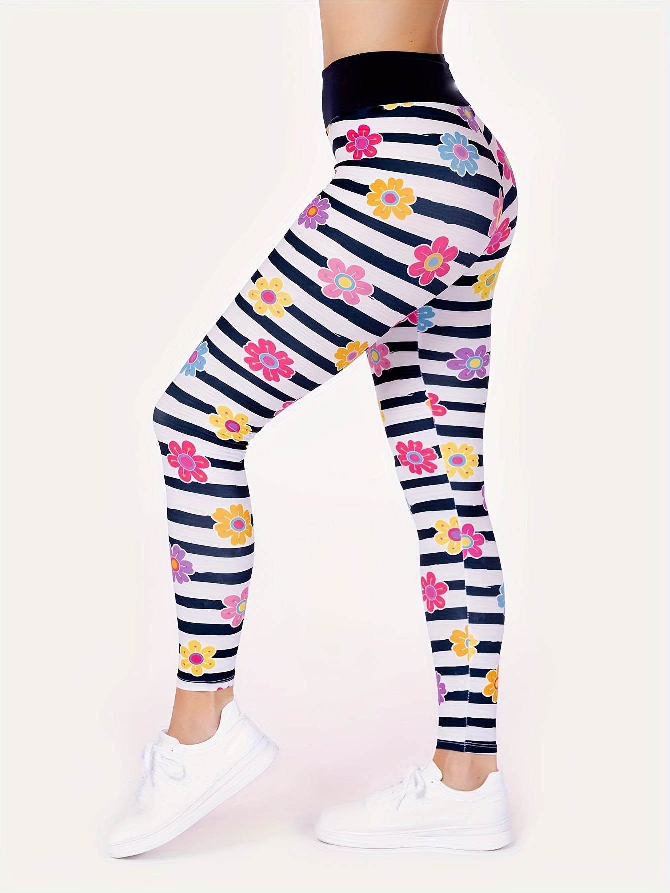 Stripe & Floral Print High Rise Skinny Leggings