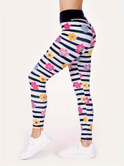 Stripe & Floral Print High Rise Skinny Leggings