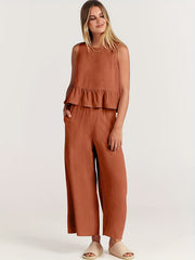 Plus Solid Button Decor Ruffle Trim Tank Top & Wide Leg Pants Set