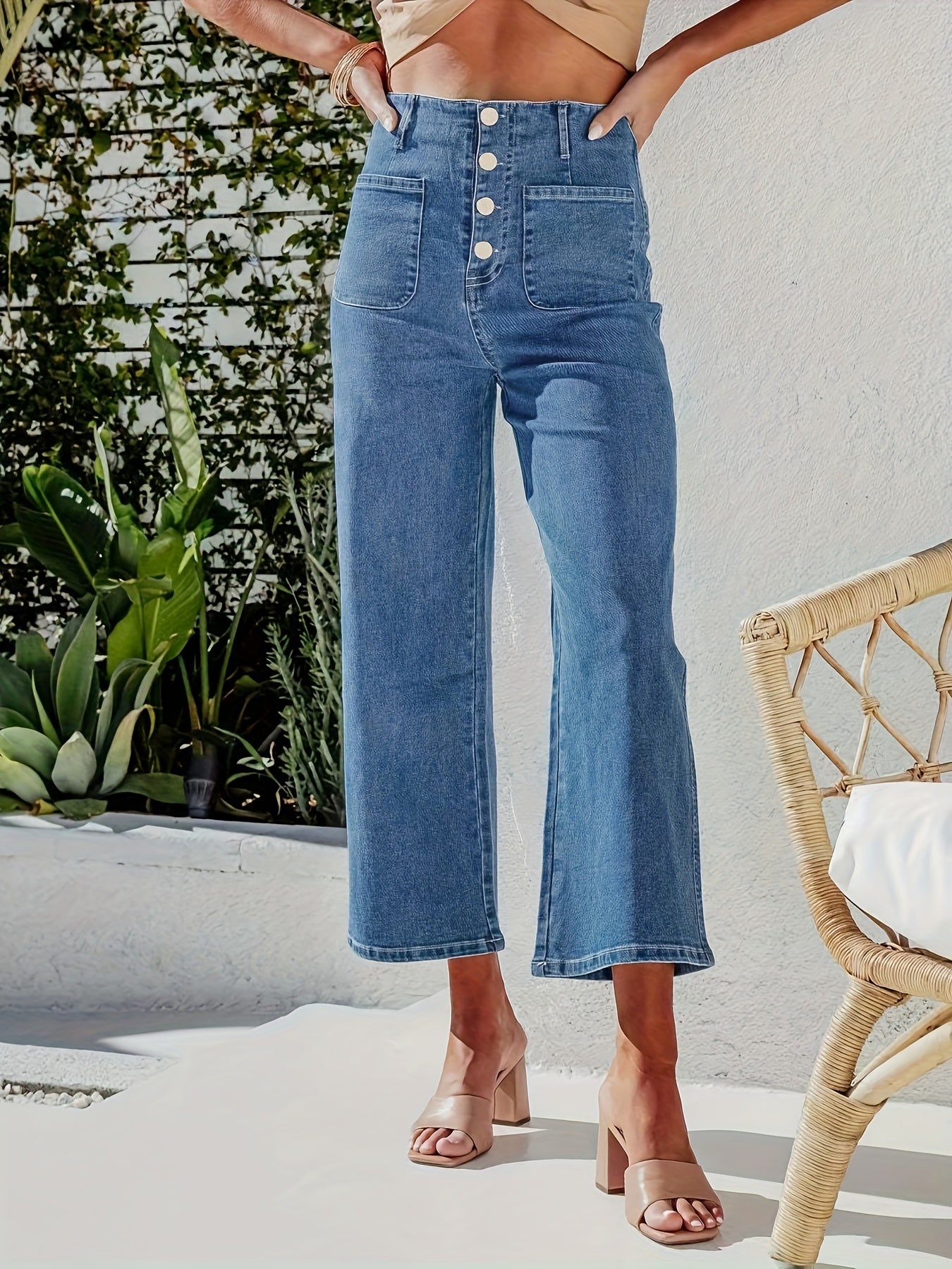 Cropped Jeans Button Fly Loose Fit Straight Leg Denim Pants