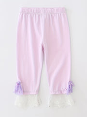 Girls Crop Leggings w/ Lace Bow Stretch Comfy Fit