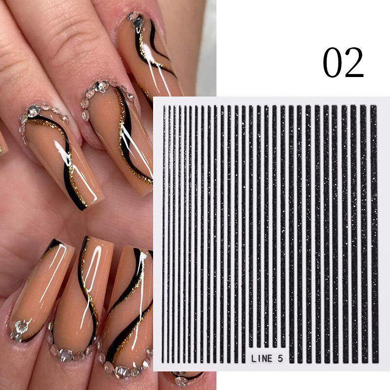3D Lines Nail Stickers Holographic Silvery Rose Metal Stripe Letters Decals