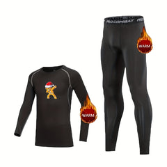 Kids Gingerbread Print Compression Base Set Warm Fleece Lined Tops & Leggings