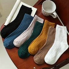 7 Pairs Solid Mid Tube Socks Women's Stockings
