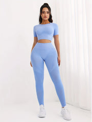 2pcs Women's Slim Fit Sporty Set Short Sleeve Top & High Waist Running Pant