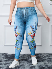 Plus Size Butterfly & Denim Print High Rise Leggings Women's Plus