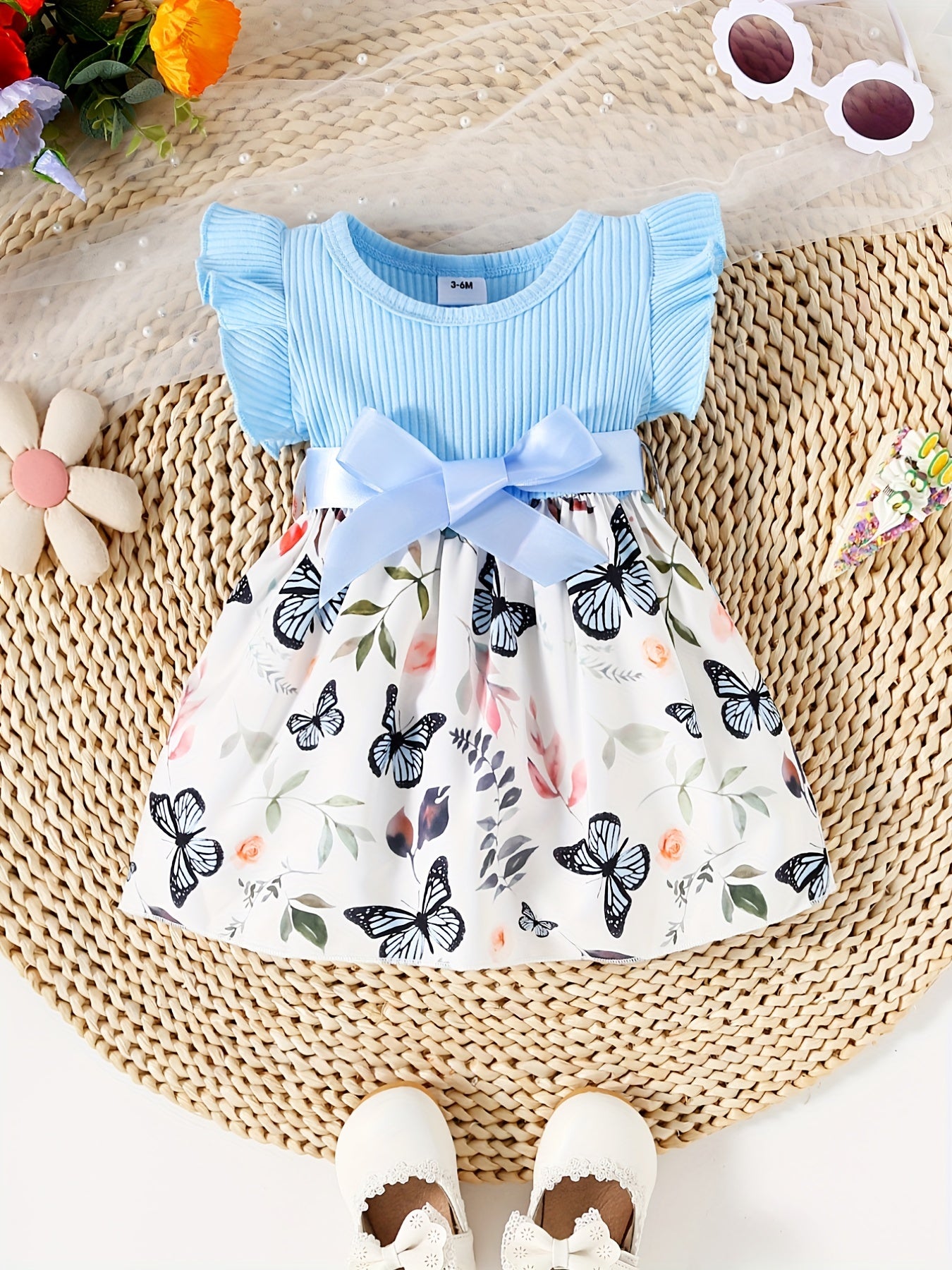 Baby Girls Butterfly Print Ruffle Sleeve Dress Belted Kids Summer Clothes