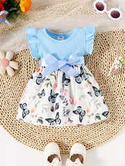 Baby Girls Butterfly Print Ruffle Sleeve Dress Belted Kids Summer Clothes