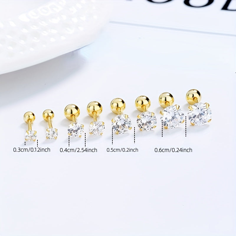 S925 Sterling Silver Zirconia Stud Earrings Girls Buckle Screw Pattern