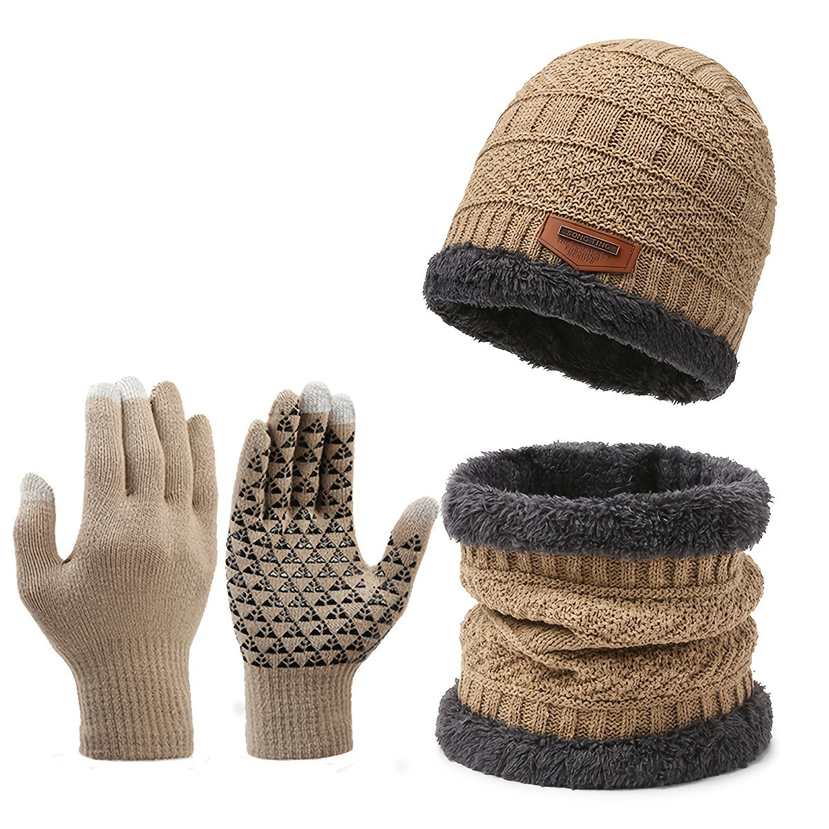 Winter Velvet Lining Knitted Hat Scarf Gloves Set Touch Screen Thermal Gloves