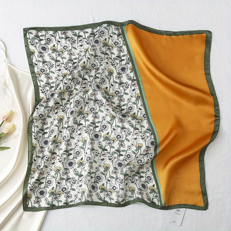 Floral Print Square Scarf Block Satin Neckerchief Casual Bandana