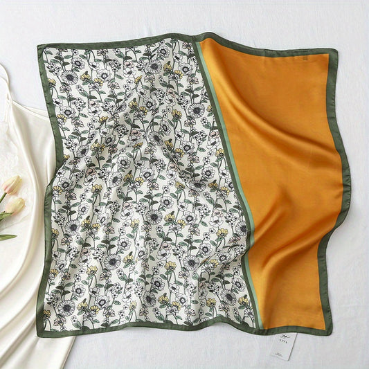Floral Print Square Scarf Block Satin Neckerchief Casual Bandana