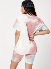 Casual Tie Dye Two-piece Set Short Sleeve Crew Neck Top & Leggings