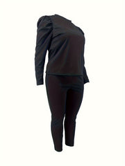 Solid Gigot Sleeve Top & Leggings Two Piece Set