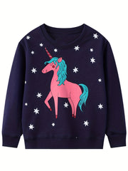 Girls Unicorn Stars Crew Neck Sweatshirt Top For Sports Casual Outfit