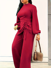 Casual Jumpsuit Lantern Sleeve Mock Neck Drawstring Wide Leg