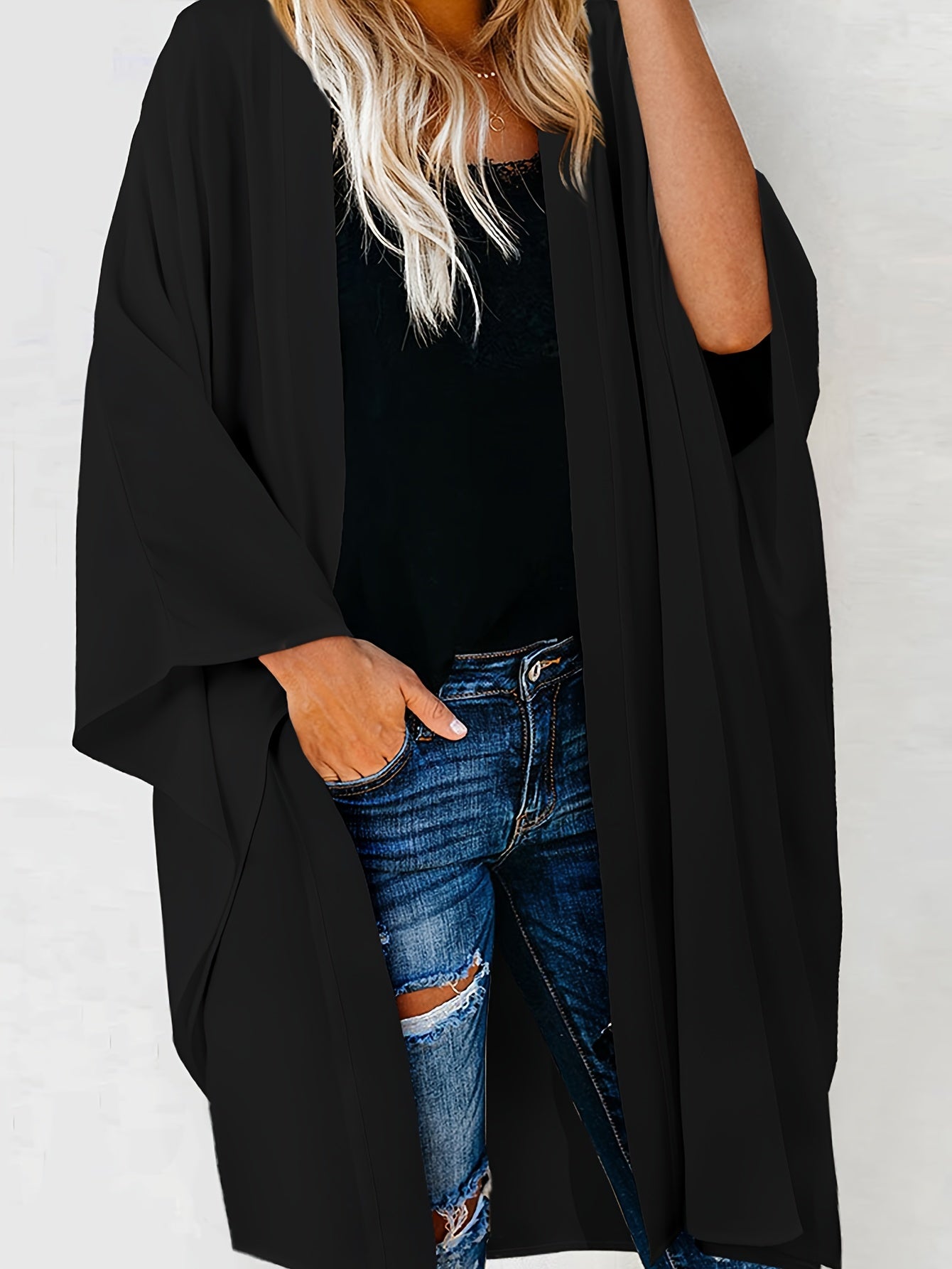 Solid Batwing Sleeve Kimono Cover Up
