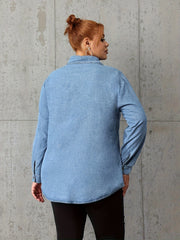 Preppy Denim Top Women's Button Up Roll Sleeve Turn Collar Blouse