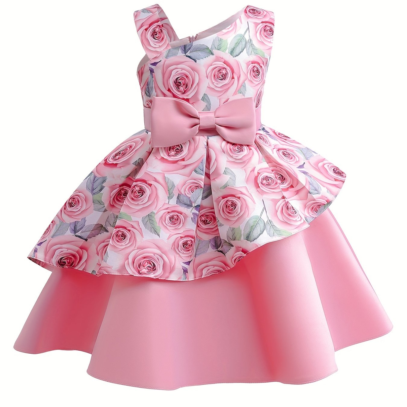 Girls Sleeveless Rose Flower Graphic Bow Princess Dress
