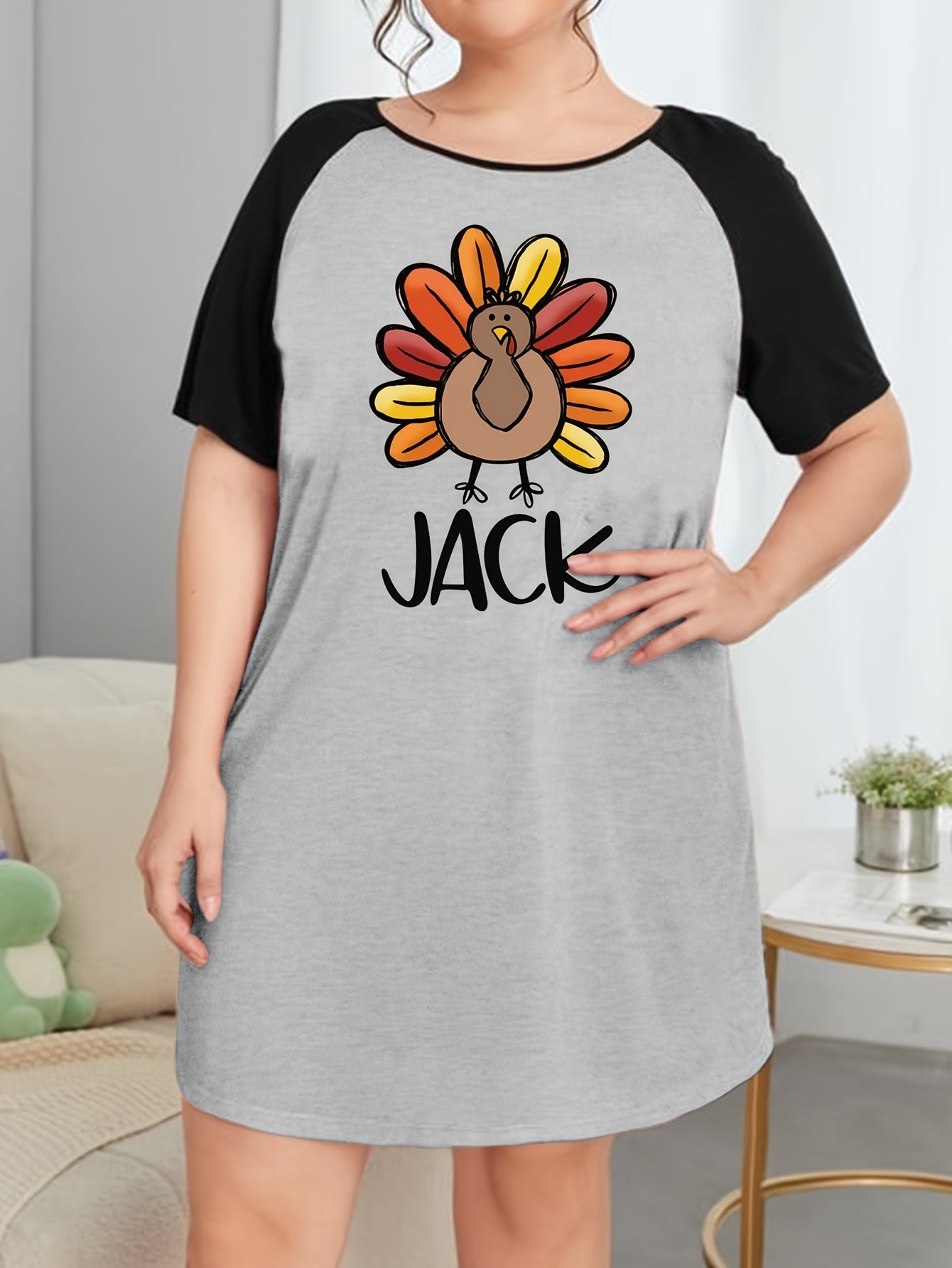 Casual Turkey & Letter Print Raglan Sleeve Tee Sleep Dress