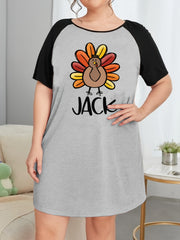 Casual Turkey & Letter Print Raglan Sleeve Tee Sleep Dress