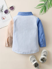 Boys Stylish Block Button Down Shirt Casual Long Sleeve Lapel