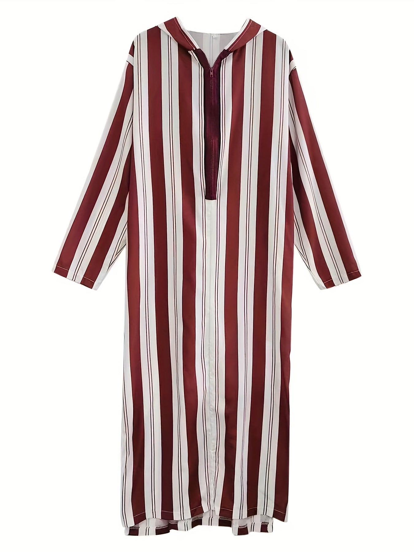 Islamic Arabic Hooded Kaftan Men Long Sleeve Vertical Striped V Neck