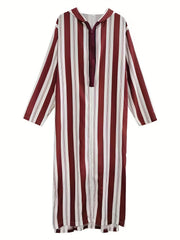 Islamic Arabic Hooded Kaftan Men Long Sleeve Vertical Striped V Neck